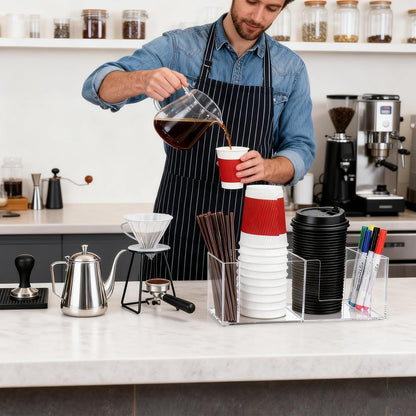 Cup Holder with Marker Slot, Acrylic Disposable Coffee Cup Dispenser Lids Straws Storage Organizer Mark Your Cup and Drink Up for Kitchen Bar Picnic Gathering Party Accessory