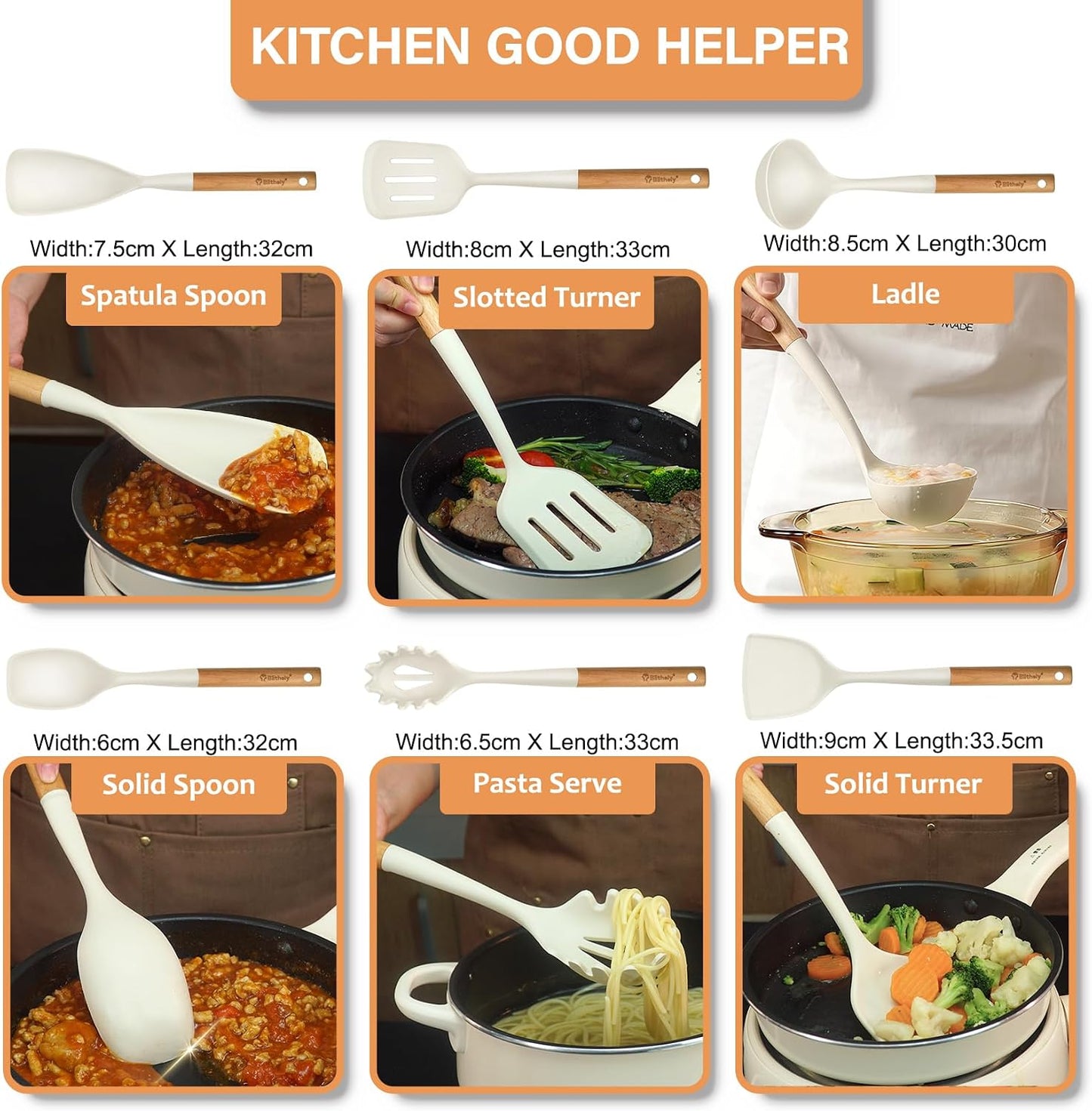 Large Silicone Kitchen Utensils Set, 6 PCS Nonstick Cooking Utensils Set with Wooden Handle, Heat Resistant and BPA Free Silicone Utensil Spatula Set for Cooking with Turner, Spoon and Ladle(Black)