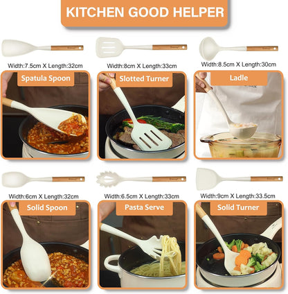 Large Silicone Kitchen Utensils Set, 6 PCS Nonstick Cooking Utensils Set with Wooden Handle, Heat Resistant and BPA Free Silicone Utensil Spatula Set for Cooking with Turner, Spoon and Ladle(Black)