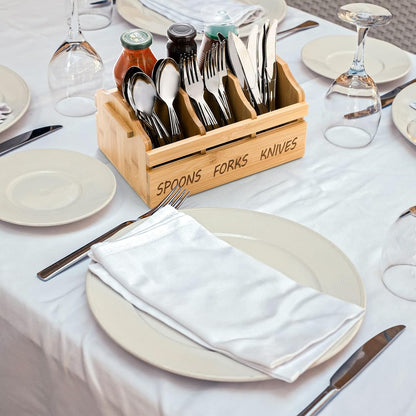 Yesland Bamboo Silverware Caddy Organizer - 4 Compartment Wooden Utensil Holder with Handle for Kitchen Countertop, Party, Forks Spoons Knives Napkins Storage