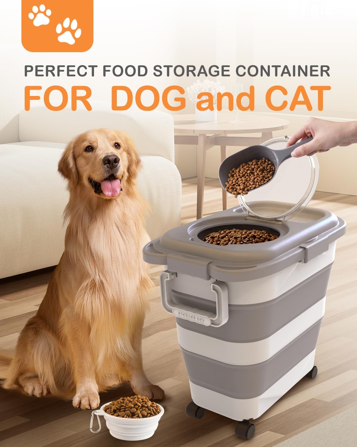 25-28Lbs Dog Food Storage Container Airtight,Collapsible Pet Food Storage | Dog Food Container with Handle,Wheels,Double Airtight Seal Fresh,Save Space,Pest/Mouse-proof,Small Cat Food Container,Scoop