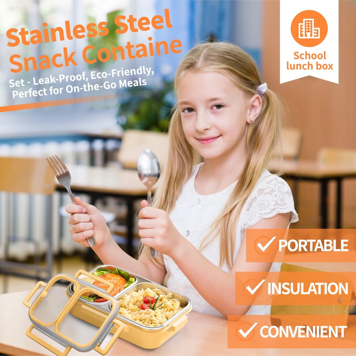 304 Stainless Steel Lunch Box for Kids & Adults - Leakproof 2 Compartment Bento Box (25oz) - Dishwasher Safe Meal Prep Container for School, Office, Outdoor (yellow)