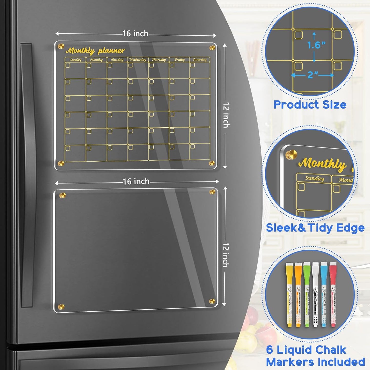 WALGLASS Acrylic Calendar for Fridge, 8.5"x11" Gold Weekly Clear Acrylic Magnetic Dry Erase Board for Refrigerator, Set of 2 Stronger-Magnetic Reusable Fridge Planner, Includes 8 Liquid Chalk Markers