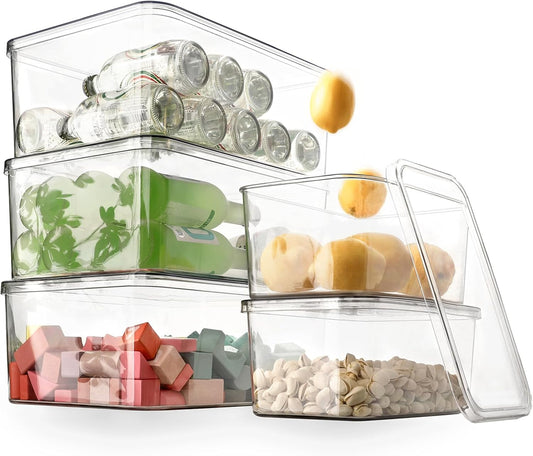 Clear Storage Bins With Lids,4 Packs Food Storage Organizer,Stackable Kitchen Cabinet,Bathroom Basket,Fridge Organization.Pantry Transparent Containers For Fruits,Drinks