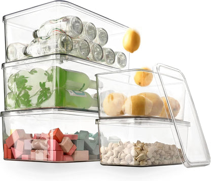 Clear Storage Bins With Lids,4 Packs Food Storage Organizer,Stackable Kitchen Cabinet,Bathroom Basket,Fridge Organization.Pantry Transparent Containers For Fruits,Drinks