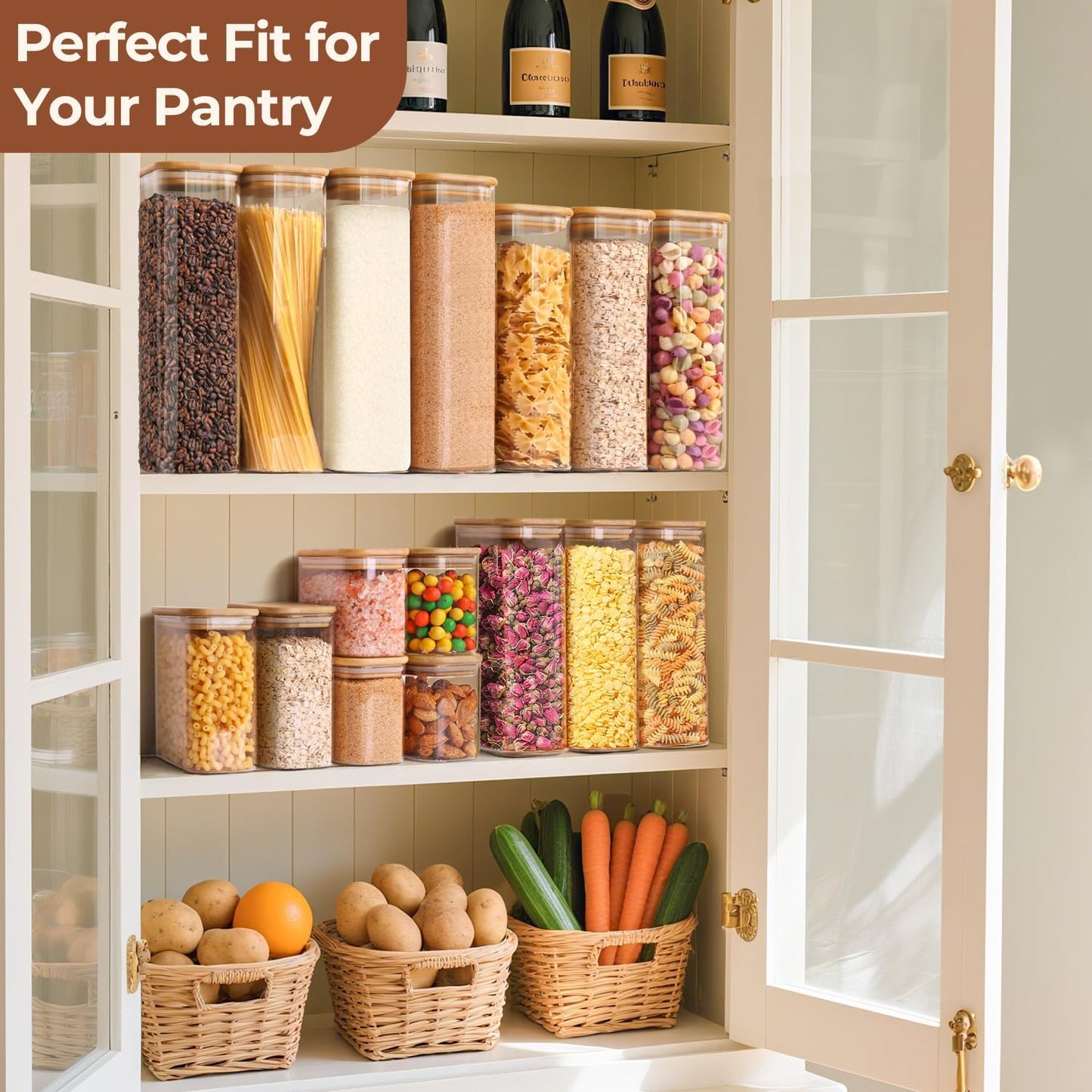ComSaf Glass Storage Containers With Lids 6-Pack (0.7qt/1.2qt/1.6qt), Glass Pantry Storage Containers, Rectangular Glass Jars With Lid, Glass Canisters For Kitchen Flour Cereal Sugar Tea Coffee Bean