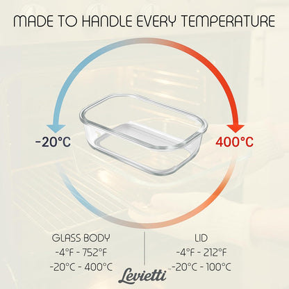 Levietti 2-Pack Borosilicate Glass Food Storage Containers with Lids 35oz (1040 ml) — Airtight Leakproof Meal Prep Containers, BPA-Free Snap Lock Lids, Oven Microwave Freezer Dishwasher Safe