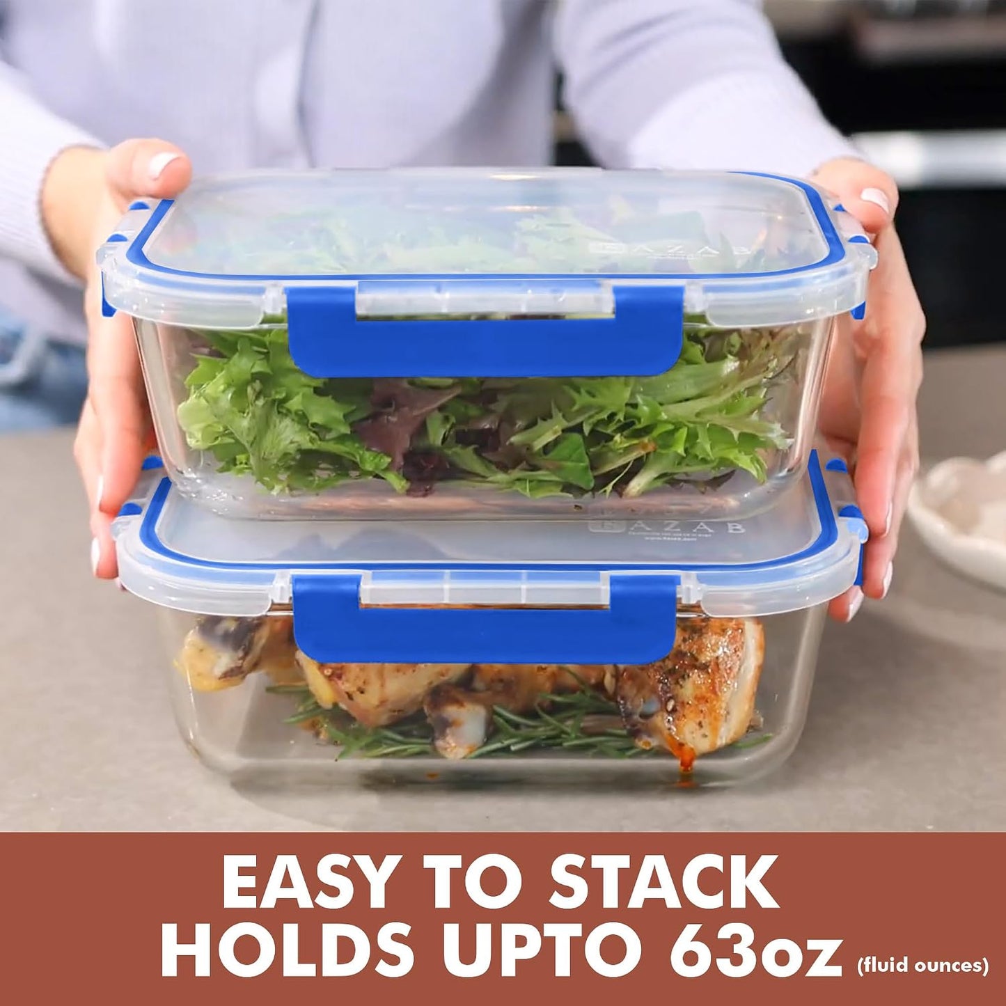 Razab 4 Pcs 1860ml / 63 Oz Large Glass Food Storage Containers with Lids - Glass Meal Prep Containers with Locking Lids for Roasting, Storing Leftover, Lunch Container, BPA Free, Microwave & Oven Safe