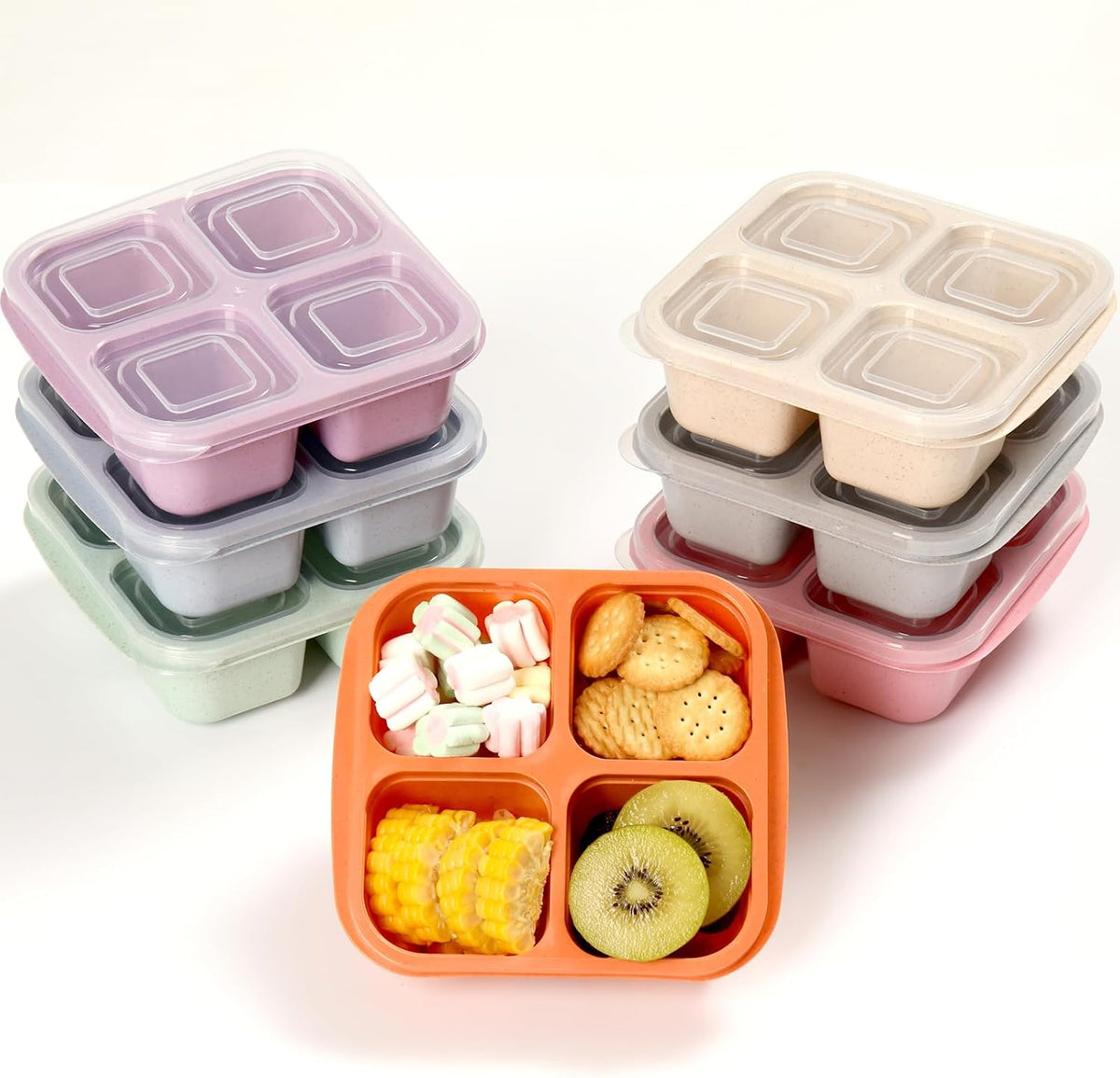 6 Pack Snack Containers, 4 Compartment Snack Box Containers Bento Box, Reusable Meal Prep Lunch Containers for Adults Kids Toddler, Divided Food Containers for Travel Work School