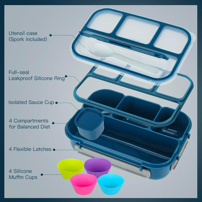 MaMix Bento Lunch Box for Kids, Lunchable Containers for Kids Adults with 4 Compartments + Lunch Bag, with Utensils, Sauce Jar, Muffin Liners (blue set)