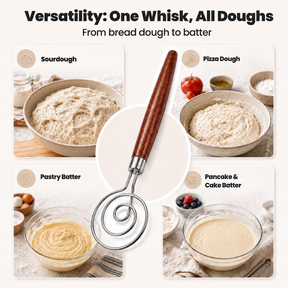 Danish Dough Whisk, 304 Stainless Steel Hook Bread Mixer for Sourdough