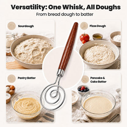 Danish Dough Whisk, 304 Stainless Steel Hook Bread Mixer for Sourdough