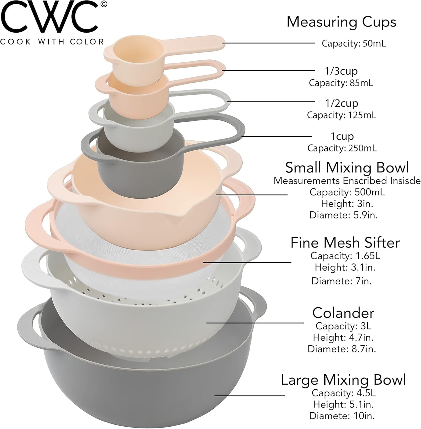 COOK WITH COLOR Nesting Bowls with Measuring Cups Colander and Sifter Set - Includes Mixing Bowls, Colander, Sifter and Measuring Cups, Navy, 8 Pc Bowl