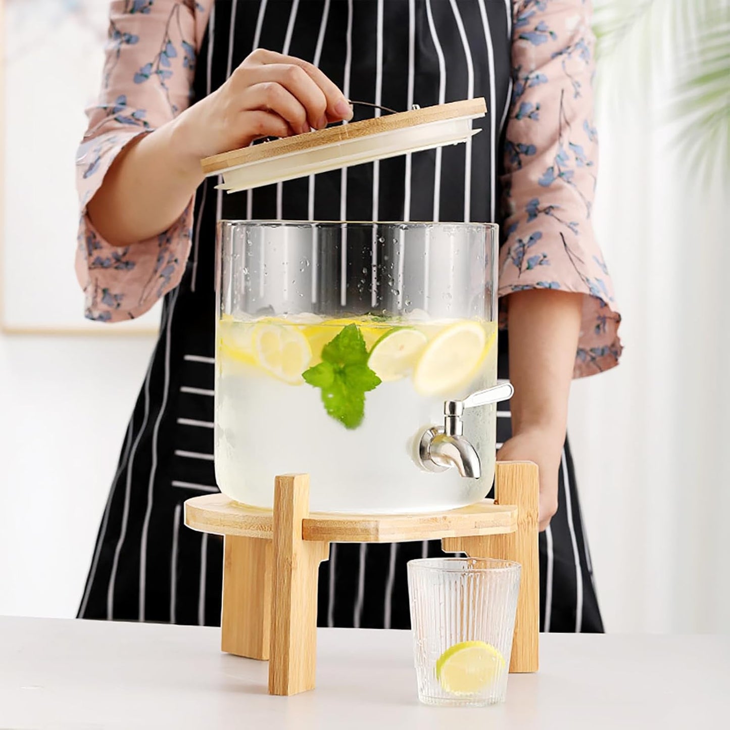Glass Beverage Dispenser with Stand, 1.5 Gallons Glass Drink Dispenser-Beverage Dispenser with Wood Stand, Stainless Steel Spigot for Parties,Bars,Restaurants