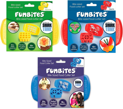 FUNBITES Crustless Sandwich Cutter for Kids Lunch, Uncrustable Sandwich Cutter (6-piece set), Bite-Size Food Cutter for Toddlers, Bento Box Accessories, Dishwasher Safe, Squares/Hearts/Triangles 3pk