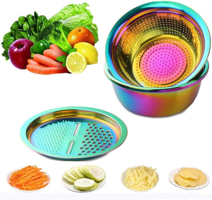3PC/Set Colander set Stainless Steel Vegetable Slicer Fruit Potato Peeler Carrot Grater Strainer Utensil Round Rice Washer Bowl Drain Basket-Gold