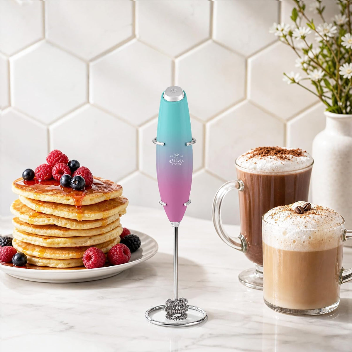 Zulay Kitchen Rechargeable Milk Frother Handheld - Frother Wand, Drink Mixer, Electric Whisk Frother, for Cappuccinos, Matcha & Protein Powder - Dynamic 3 Whisk, 3 Speed 500mAh Black - Colors A