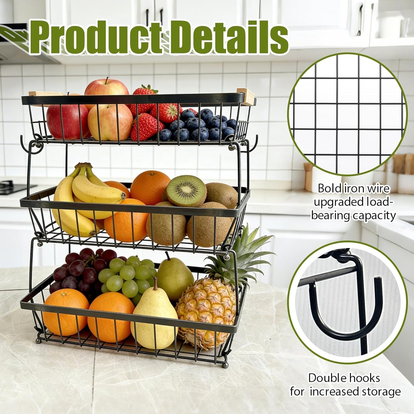 2 Tier Fruit Basket for Kitchen Counter, Large Fruit Holder with 2 Banana Hooks, Detachable Metal Fruit Stand with Wooden Handle, Kitchen Storage Cart,Vegetable Basket, Snack Rack