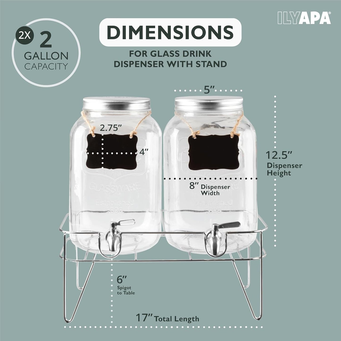 Ilyapa 2 Gallon Glass Beverage Dispenser, Metal Base, Stainless Steel Spigot & Hanging Chalkboard - for Lemonade, Tea, Cold Water & More