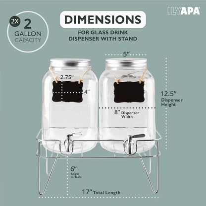 Ilyapa 2 Gallon Glass Beverage Dispenser, Metal Base, Stainless Steel Spigot & Hanging Chalkboard - for Lemonade, Tea, Cold Water & More