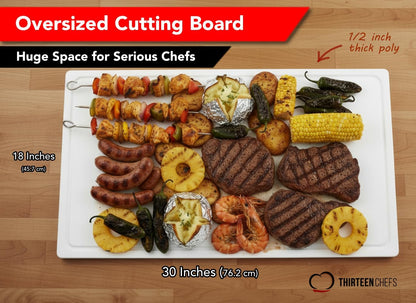 Thirteen Chefs 18x12 White Cutting Board with Groove, 1/2" Thick Plastic