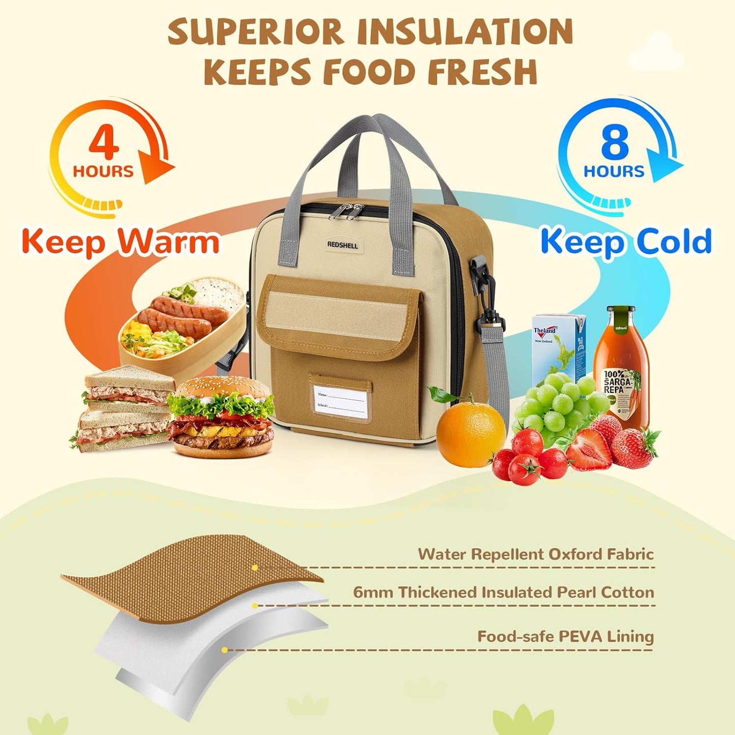 REDSHELL Tactical Lunch Box Kids, Large Insulated Lunch Bag for Boys Girls, Cooler Lunchbag, Square Toddler Lunchbox, School Daycare Lunch Tote Pail with Water Bottle Holder Shoulder Strap, Blue