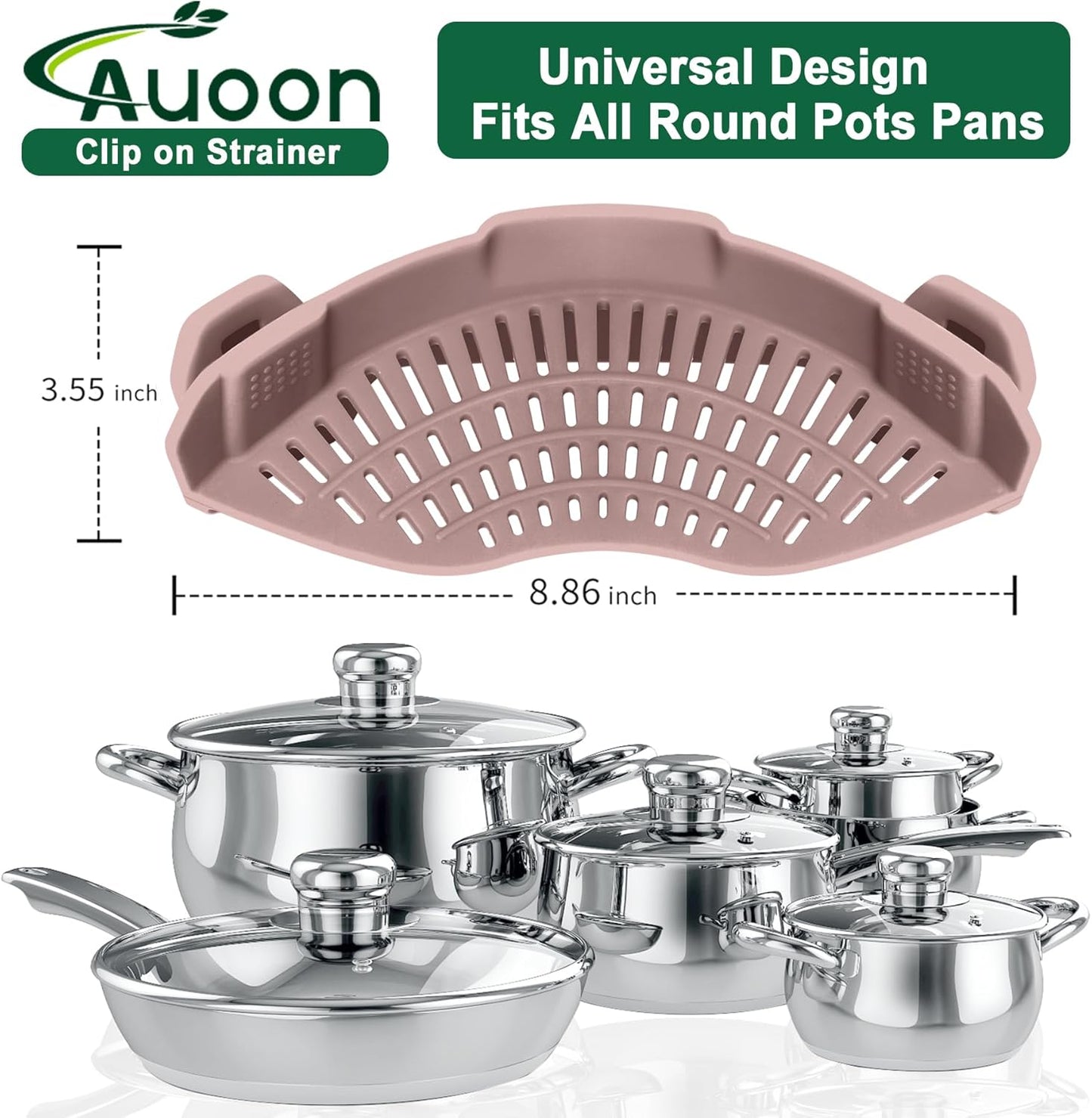 AUOON Clip On Strainer Silicone for All Pots and Pans, Pasta Strainer Clip on Food Strainer for Meat Vegetables Fruit Silicone Kitchen Colander