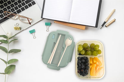 THY COLLECTIBLES Set of 3 36 OZ Glass Lunch Storage Containers with Lids and Utensils, Microwave Safe, Leak Proof, Freezer to Oven Safe for Meal Prep, Leftovers, Cooking, Bento Box (3 Compartments)