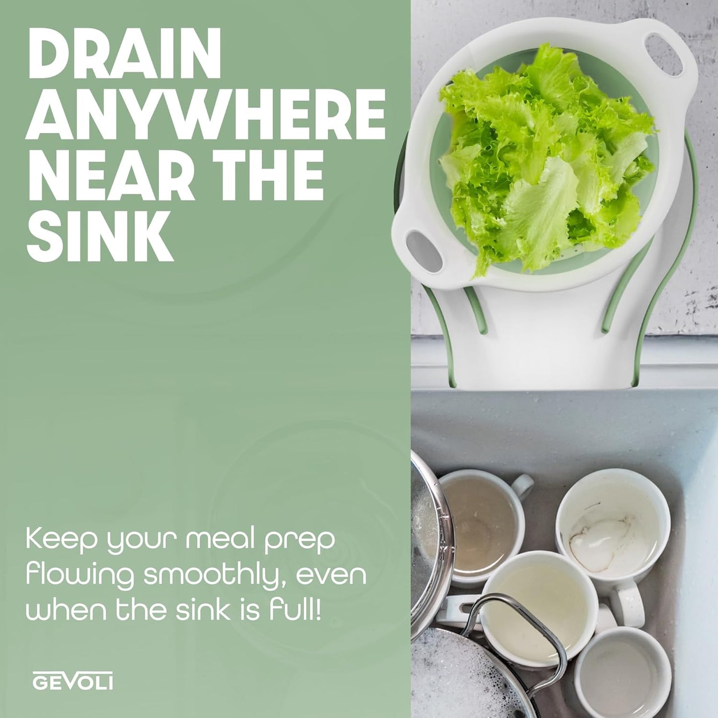 Gevoli 3-Pack Collapsible Colanders with Self-Draining Base, Over Sink-edge Silicone Food Strainers, Small/Med/Large Sizes, Nesting for Easy Compact Storage (3Qt, 4Qt, 5-Quart Set) Green/Gray