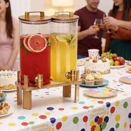 2 PACK 1.5 Gallon Glass Beverage Dispenser with Wooden Lid, Drink Dispenser with Wooden Stand, Lemonade Dispenser with Stainless Steel Leak-Proof Spigot for Parties, Weddings
