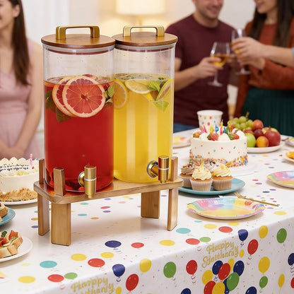 2 PACK 1.5 Gallon Glass Beverage Dispenser with Wooden Lid, Drink Dispenser with Wooden Stand, Lemonade Dispenser with Stainless Steel Leak-Proof Spigot for Parties, Weddings
