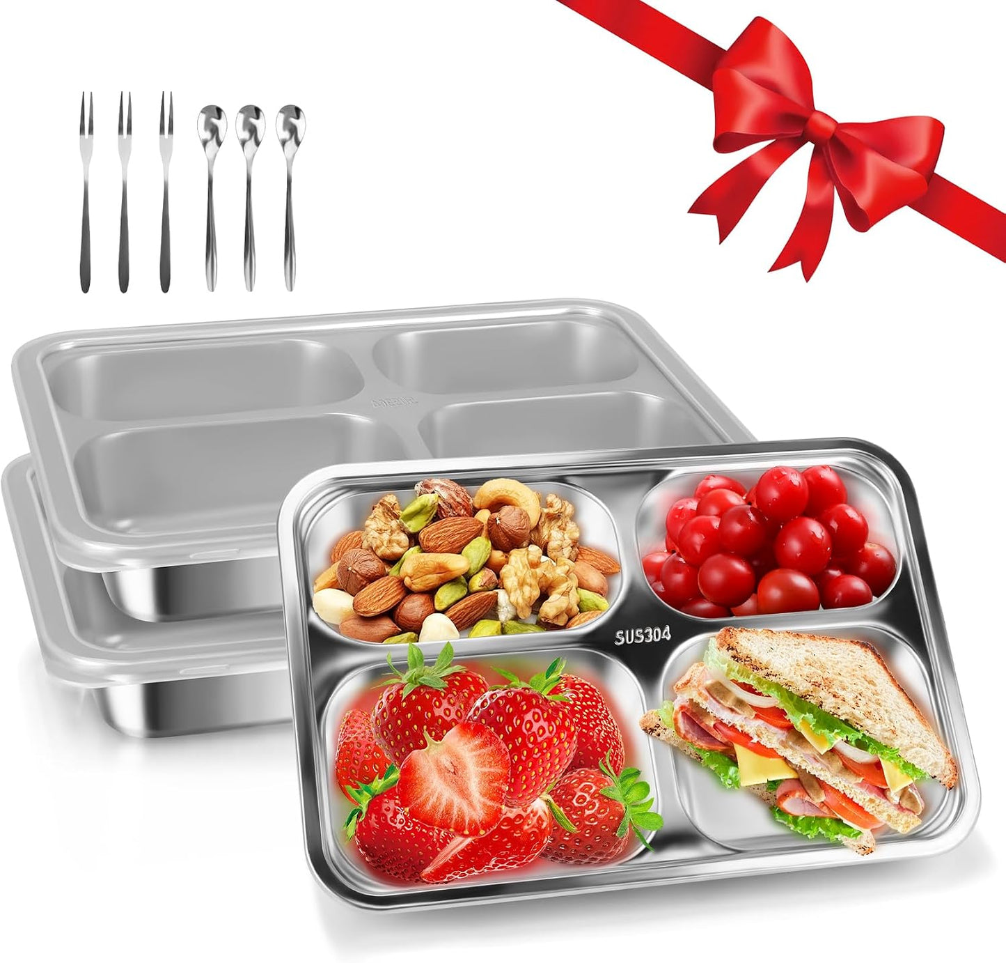 Stainless Steel Snack Containers with Lids 3 Pack, Reusable 4 Compartments Snack Containers Leak-Resistant Storage with 3 Spoons & 3 Forks, Divided Food Storage for Adults, Travel, Home & Office