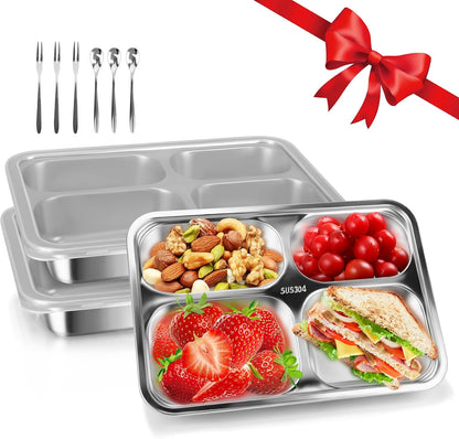 Stainless Steel Snack Containers with Lids 3 Pack, Reusable 4 Compartments Snack Containers Leak-Resistant Storage with 3 Spoons & 3 Forks, Divided Food Storage for Adults, Travel, Home & Office