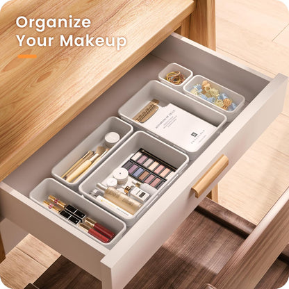 A-LuGei 【Military Grade】 Drawer Organizer,【𝟱𝗦𝗶𝘇𝗲】 Makeup organizer,【Holds 177 Items】 Bathroom Organizers and Storage,Organization and Storage,Desk Drawer Organizer for Vanity【Clear】