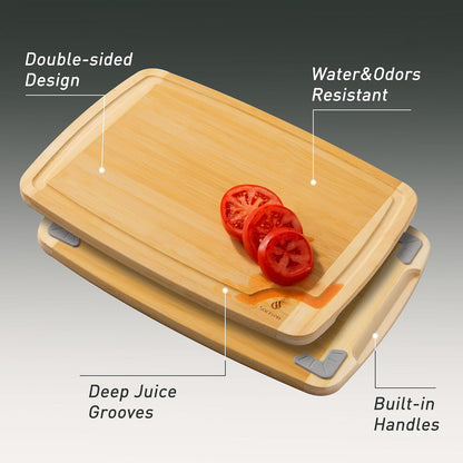 3 Packs Bamboo Cutting Board Set with Non Slip Feet Holder and Over Sink Nice Solid Thick Wood Juice Groove Chopping Board Extra Large Big Small Best Hardwood Kitchen Organic Vegetable Meat BBQ Kit