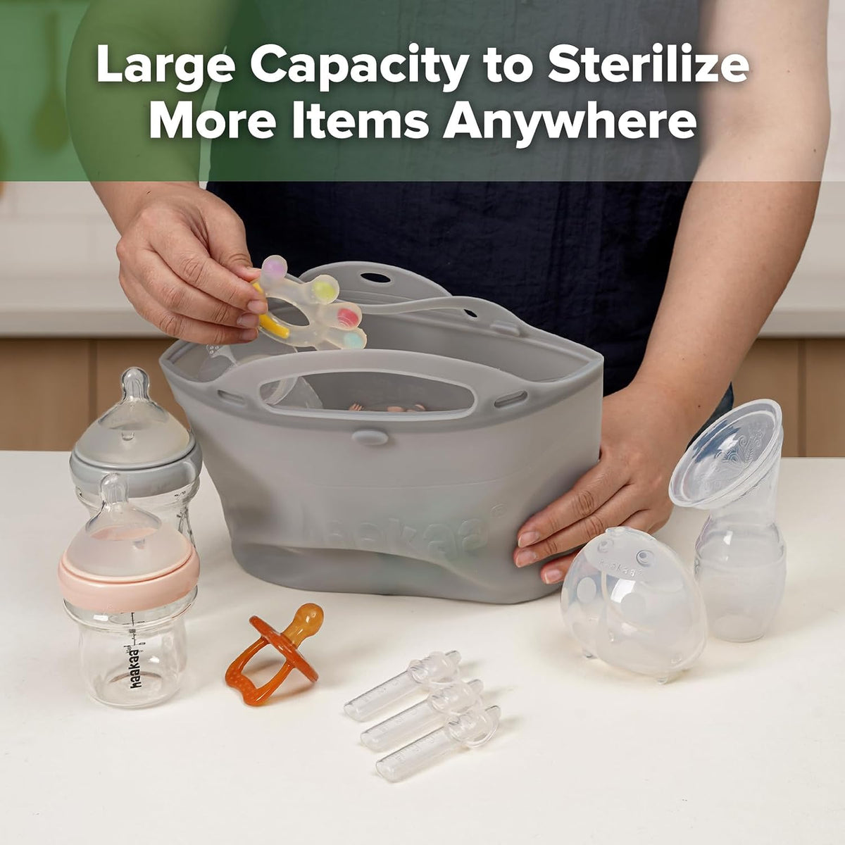 Haakaa Silicone Microwave Steamer & Steriliser Bag, 70oz/2000ml Large Capacity Reusable Steaming Bags for Baby Bottles, Breast Pump, Accessories, Pacifiers,Teethers, Great for Home&On The Go, Grey/1PC