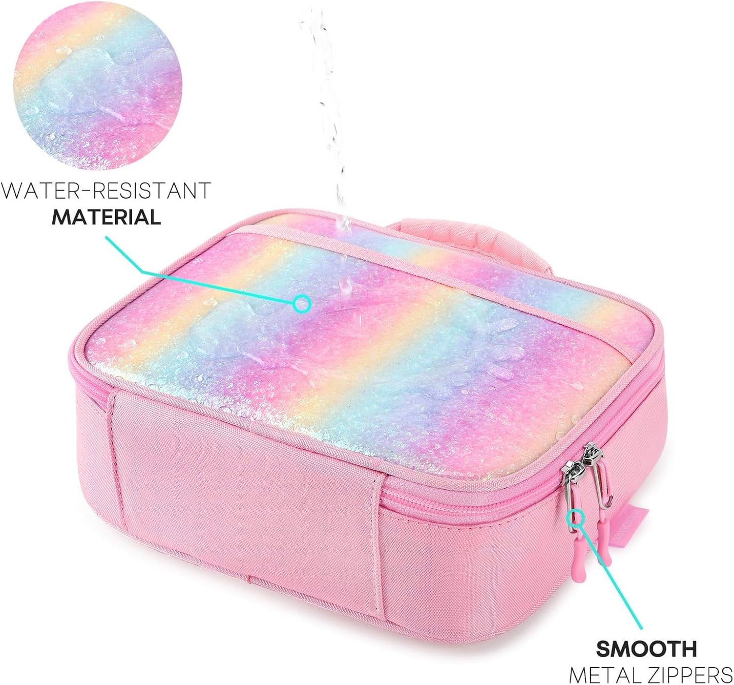mibasies Kids Lunch Box for Girls Toddler, Insulated and Reusable Lunch Bag for School, Pink Rainbow