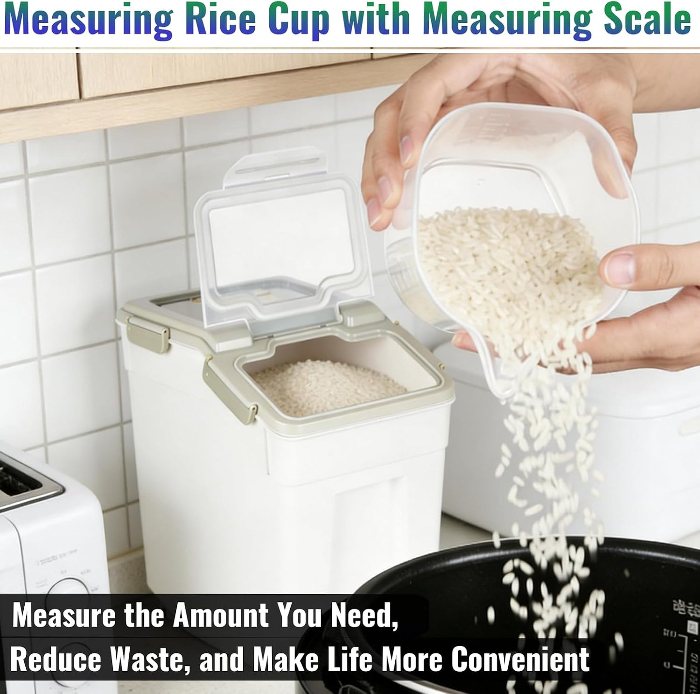 4 Pack Rice Container 25 lbs Large Bulk Flour Sugar Storage Holdhouse Plastic Grain Cereal Dry Goods Bin with Spoon and Measuring Cup for Kitchen Pantry Organization - Green