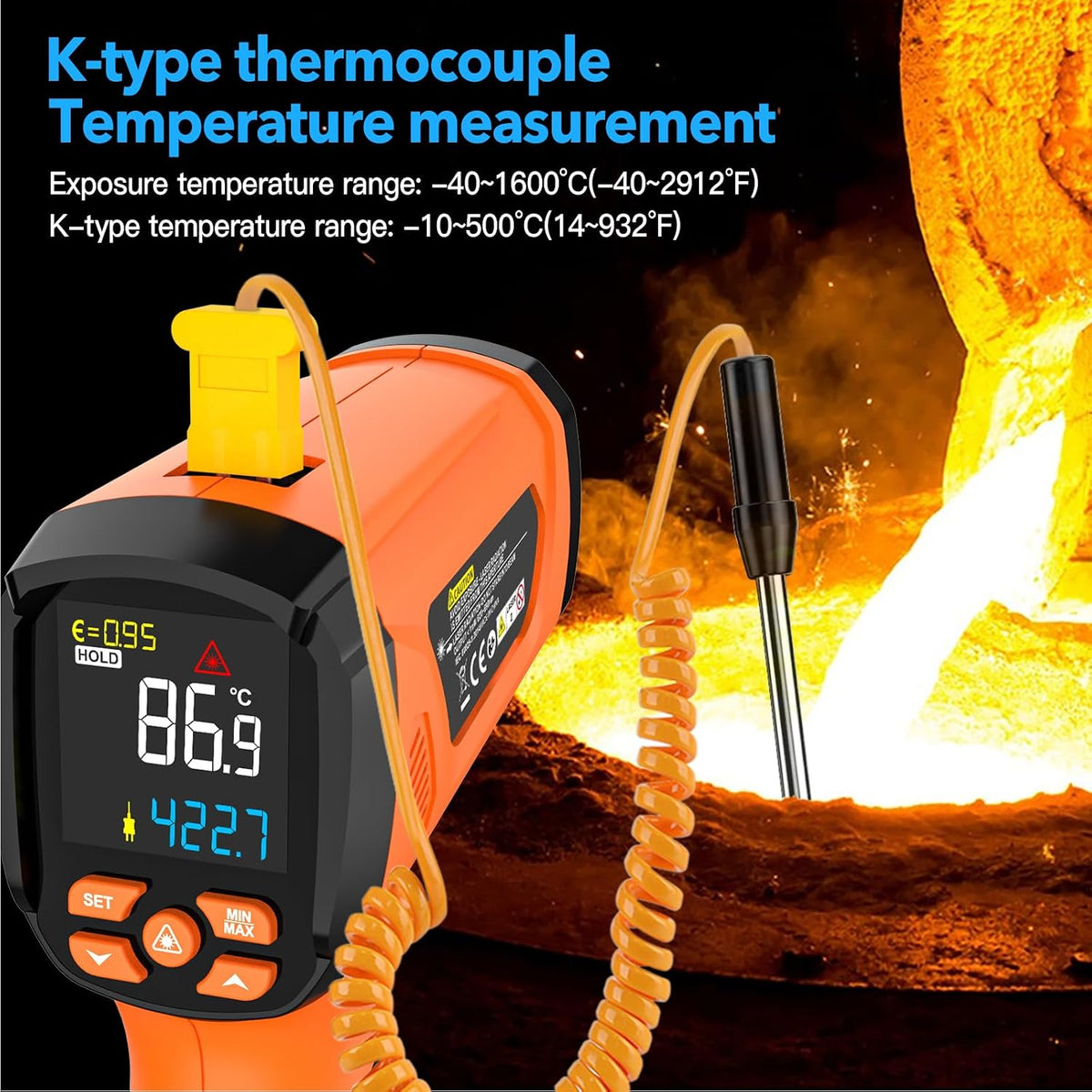 Infrared Thermometer Gun, Non Contact Digital Laser Thermometer Temperature Gun with Color LCD for Cooking, Home Repairs, Humidity Measurement, Adjustable Emissivity -58°F to 1472°F(-50~800°C)