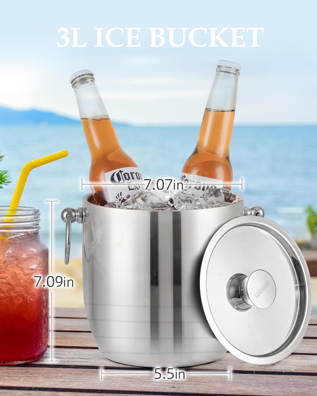Insulated Ice Bucket, 3L Double Wall Stainless Steel Ice Bucket with Tongs,Lid, Scoop and Strainer, Ice Buckets for Parties,Cocktail Bars, Chilling Beer, Champagne, Wine Bottles