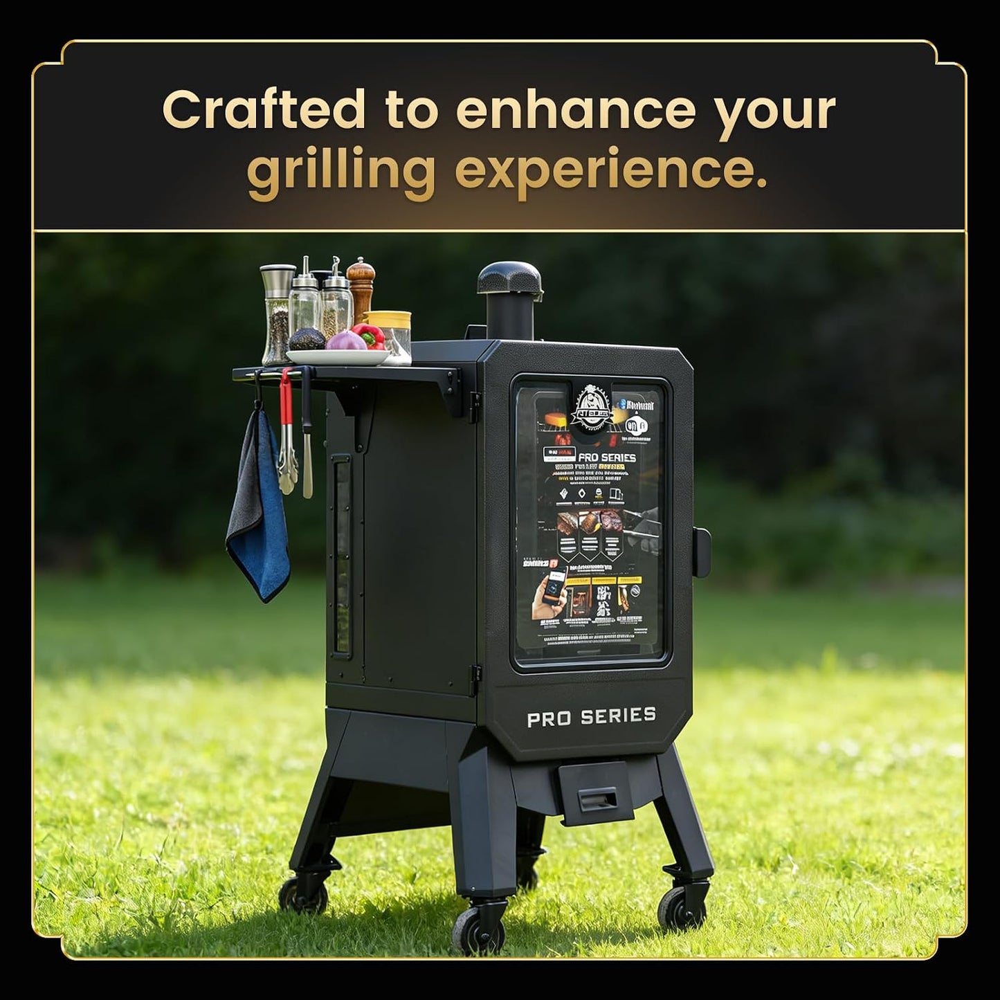 QuliMetal Folding Front Shelf for Traeger Pro 34, Texas Elite 34, Century 885 and Eastwood 34, 37" x 12" Heavy-Duty Grill Prep Table with Cutting Board, Stainless Steel Basin, Lid and 5 Hooks