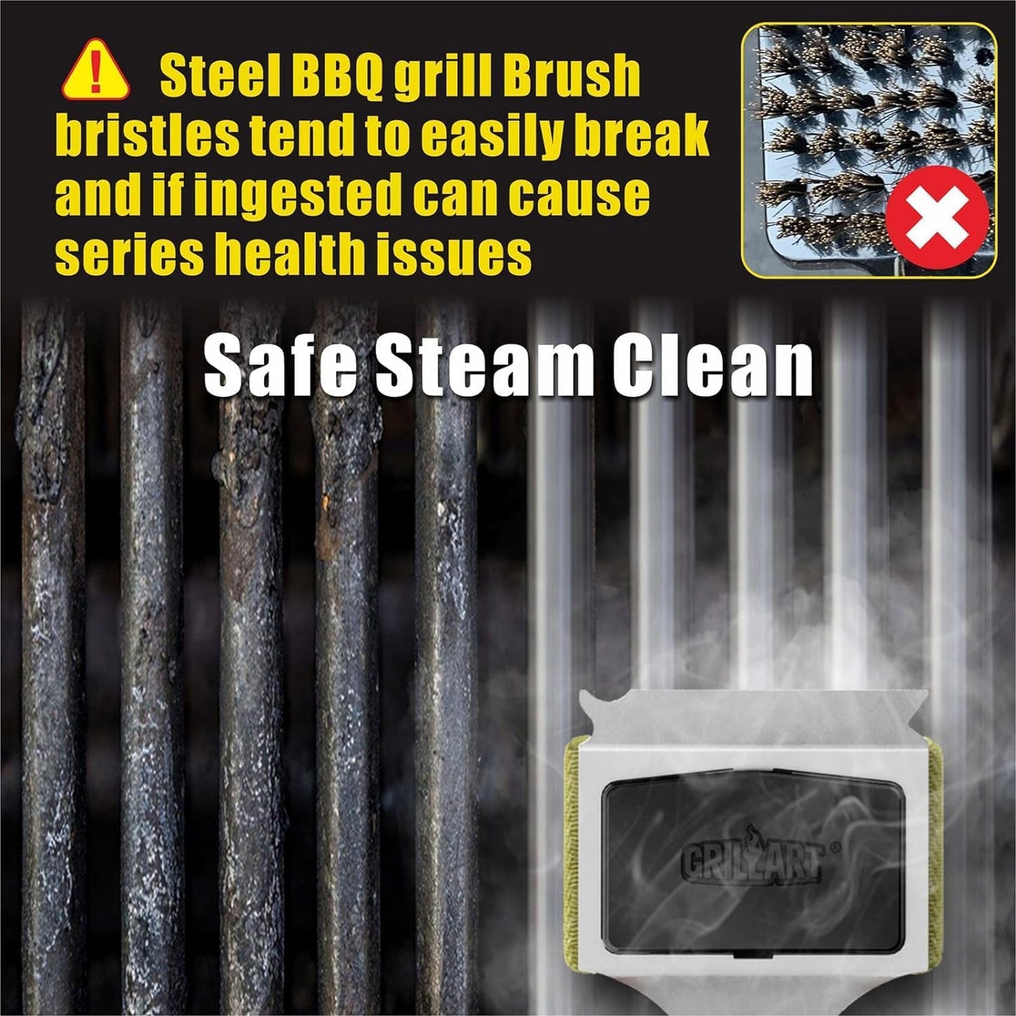 GRILLART Bristle-Free BBQ Grill Brush – Safe & Durable Cleaning Tool for Gas, Charcoal, Cast Iron & Stainless Steel Grates – Heat-Resistant Scraper Brush with Reusable Head & Hanging Loop