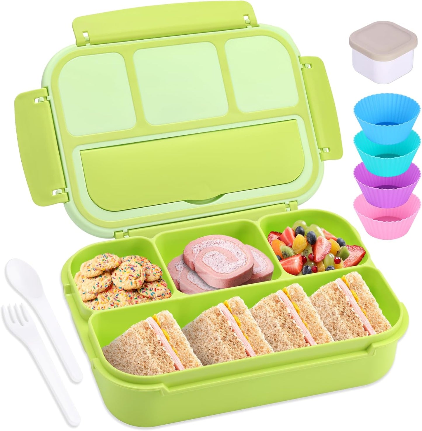 Bento Box Adult Lunch Box, Lunch Containers for Kids Girls Boys with 4 Compartments, Lunchable Food Container with Utensils, Sauce Jar, Muffin Liners, 40 Oz/5 Cup, Microwave Safe, Lavender