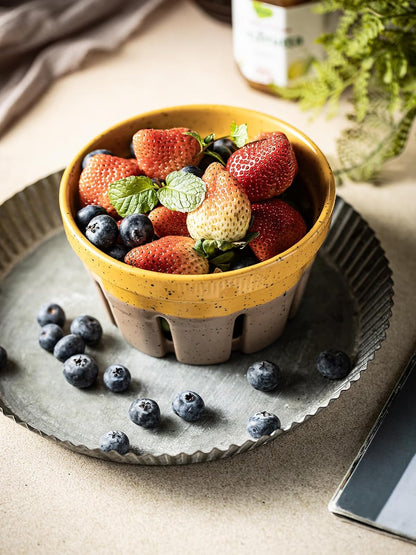 Gomakren Berry Bowls with Holes Ceramic, Berry Washing Bowl Basket Set of 2, 5.8 Inch Round Fruit Bowl Storage Containers, Strawberry Baskets, Farmhouse Kitchen Decor, Yellow + Brown