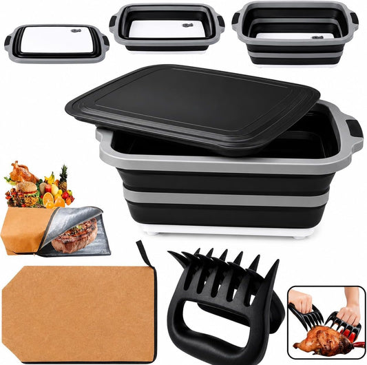 3pcs Barbecue Prep Tub, BBQ Blanket, Meat Shredder Claws | Collapsible 3 in 1 Cutting Board with Colander & Dish Basin, Insulated 21" Meat Resting Bag, Barbecue Grilling Accessories.