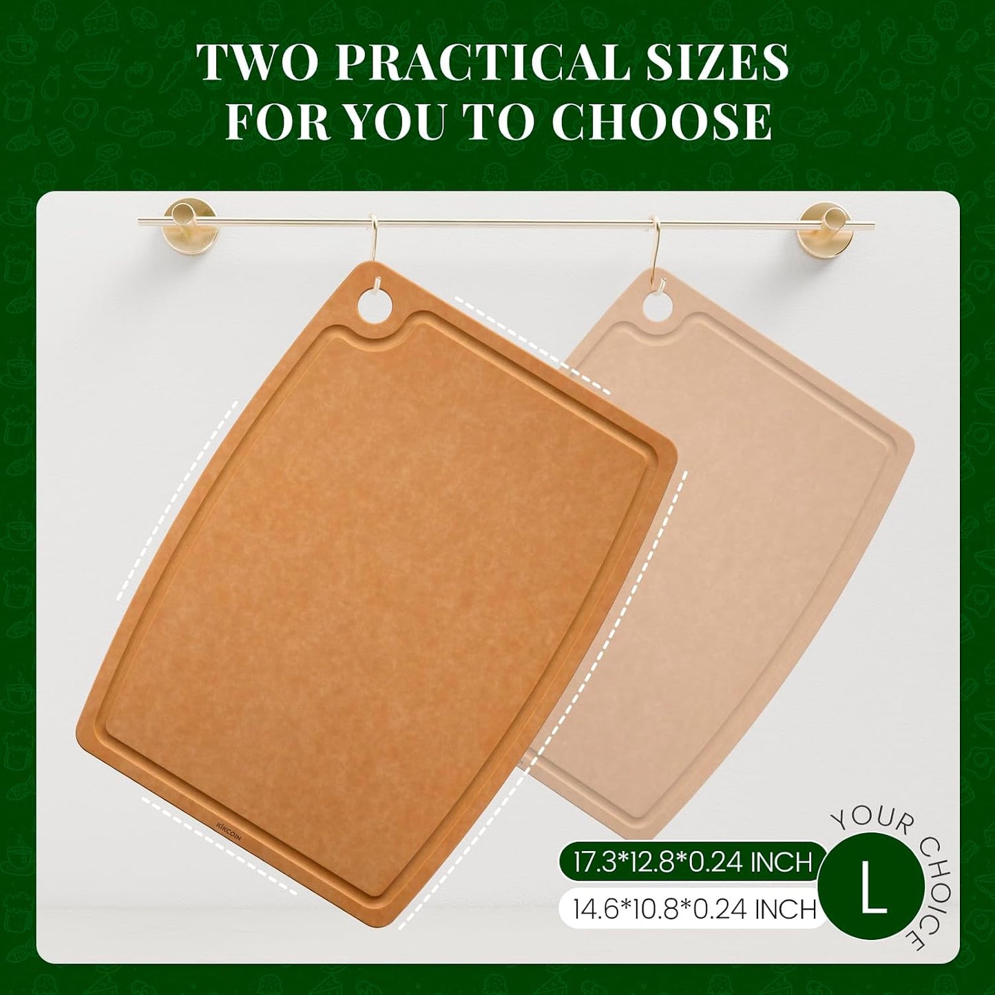 Kikcoin Wood Cutting Board, Cutting Boards for Kitchen Dishwasher Safe Non-slip Chopping Board with Juice Groove, Wood Fiber Composite Cutting Board with Hanging Hole, 14.6"*10.8"