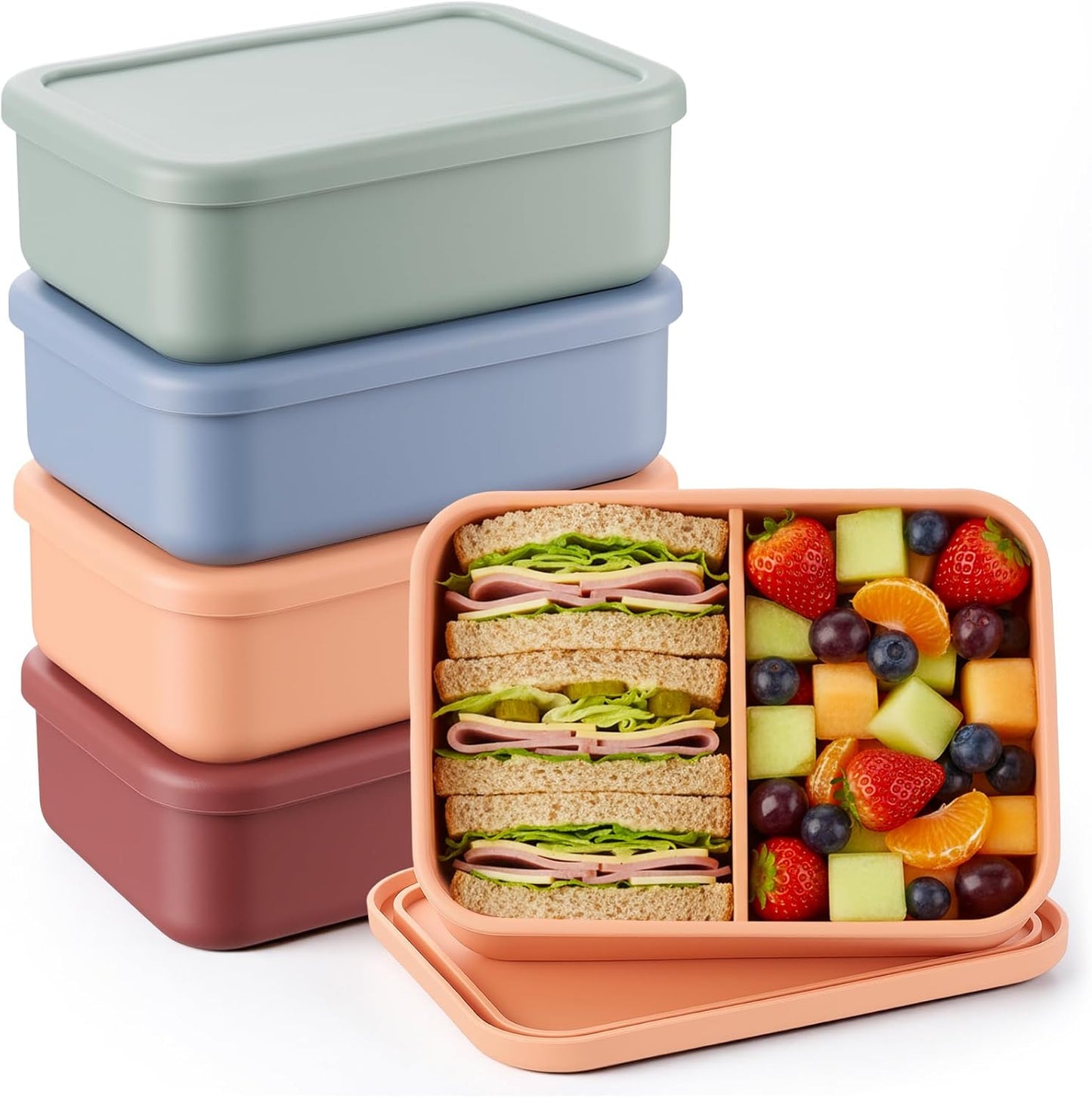 Layhit 4 Pcs Silicone Bento Box for Adults, 27 oz Bento Lunch Container Reusable 3 Compartment Lunchable Food Container for Women Men, Leak Proof Microwave Dishwasher Freezer Safe (Cool Colors)