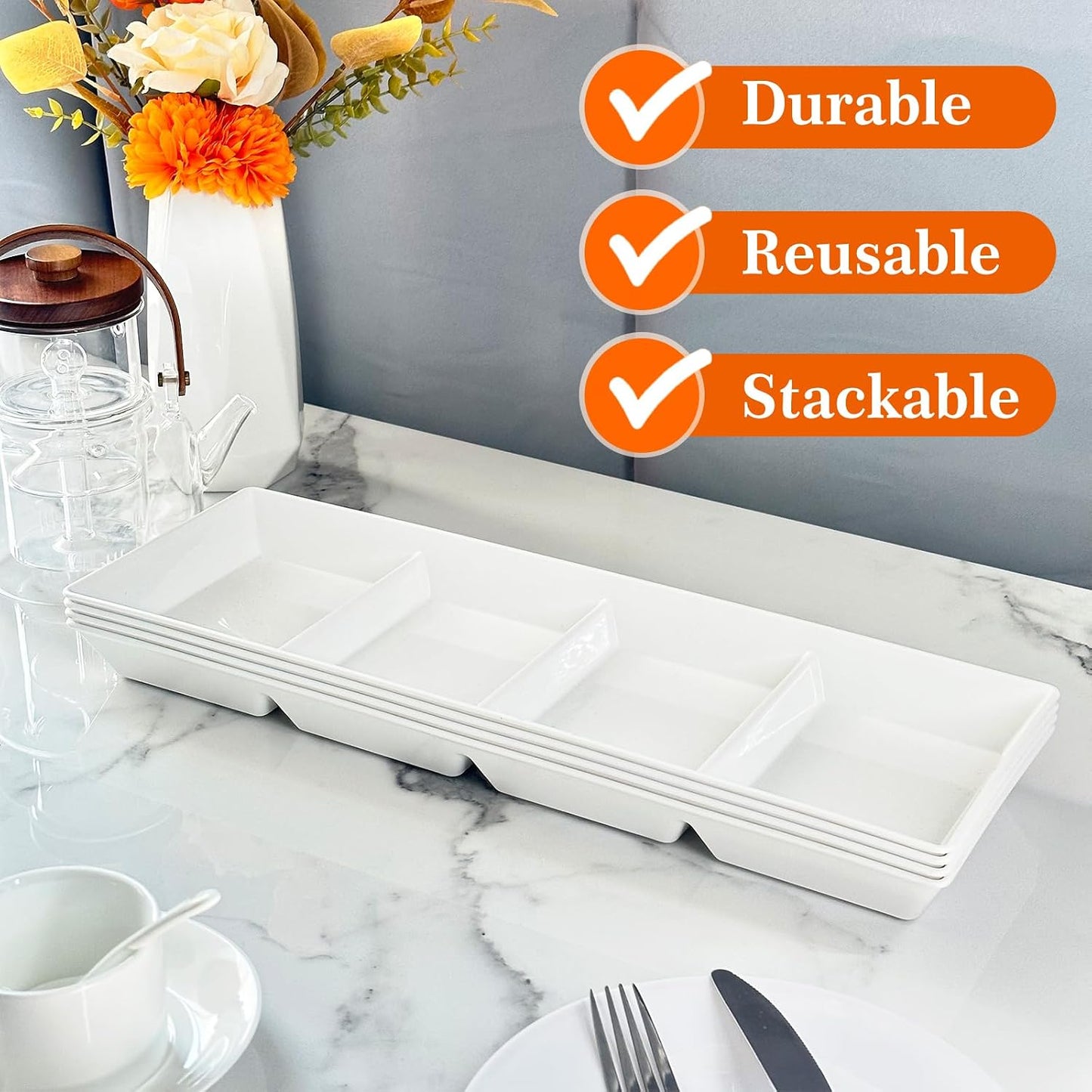 Divided Serving Tray Platter, 4 Pack 15" x 10" Fruit Veggie Food Tray for Party, Plastic Serving Trays for Appetizer, Snack, Dessert, Cookie, Brunch Decorations Platters, White Trays BPA-Free
