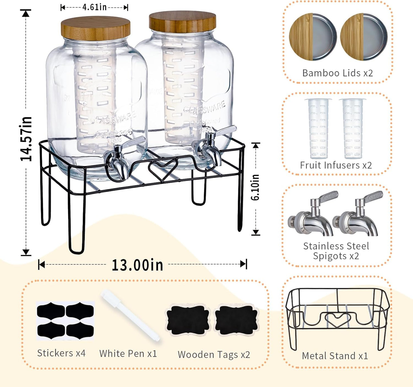 2 Pack1Gallon Glass Drink Dispenser with Stand&Bamboo Lids&Fruit Infuser,304 Stainless Steel Leak-Proof Spigot,Beverage Dispenser for Parties,Water Sangria Juice Sun Tea Lemonade(Natural)