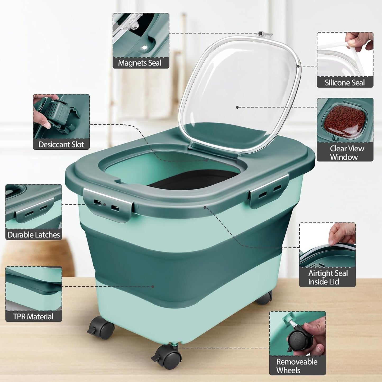 Viretec Dog Food Storage Container, 10-20Lbs Collapsible Pet Food Storage Containers with Rolling Wheel Airtight Locking Lid, Dry Food Storage Bin with Cup and Scoop,Suitable for Pet Food, Rice, Flour